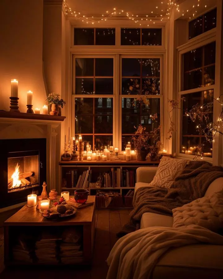 Transform your home into a cozy haven with warm candlelit interiors and stylish decor accents.