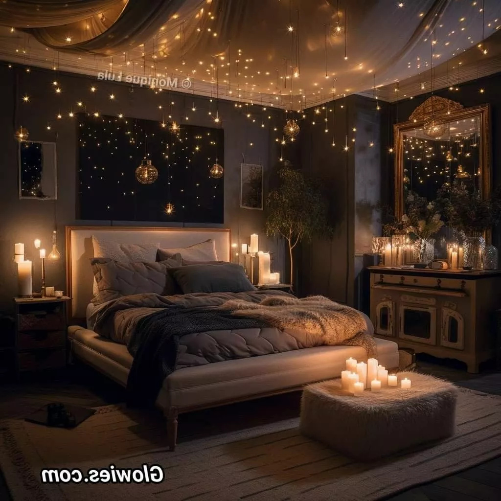 Transform your bedroom into a dreamy nighttime sanctuary with glowing ambiance from delicate lights and cozy candles.