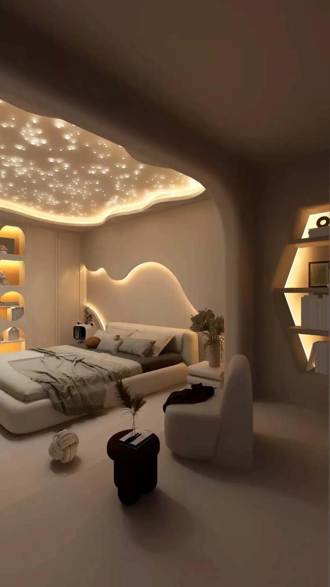 Step into a bedroom where ethereal elegance meets celestial wonders through softly glowing ceiling lights and modern minimalist design.