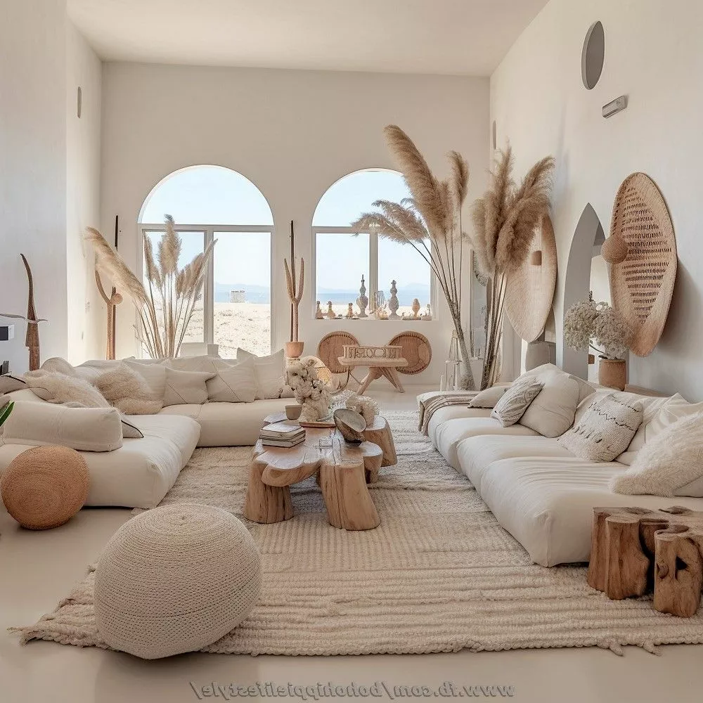 Delight in an airy bohemian style living room featuring rustic wooden elements, natural textiles, and coastal views.