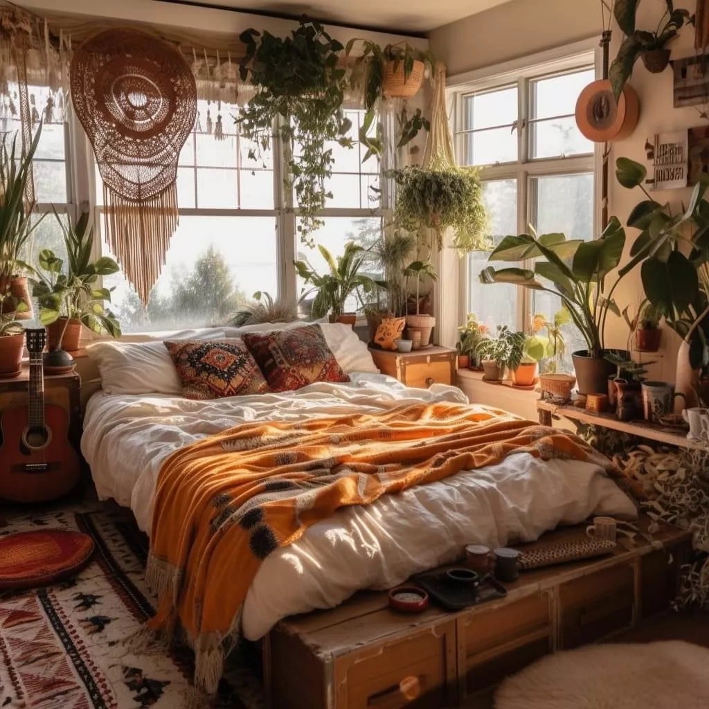 Discover a cozy bohemian bedroom oasis adorned with lush plants, vintage decor, and a warm autumn color palette.