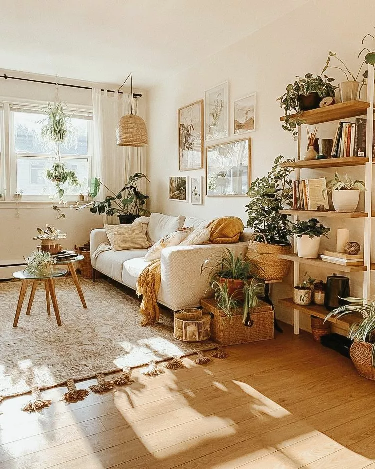 Discover the charm of this sunlit living room adorned with lush greenery, natural textures, and cozy decor that creates a perfect bohemian retreat.