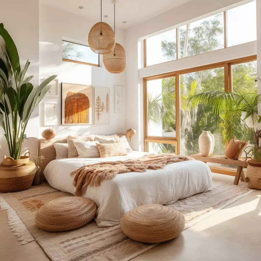 Explore a tranquil bohemian-inspired bedroom filled with natural light, earthy tones, and cozy textures. Perfect for creating a calming retreat at home.