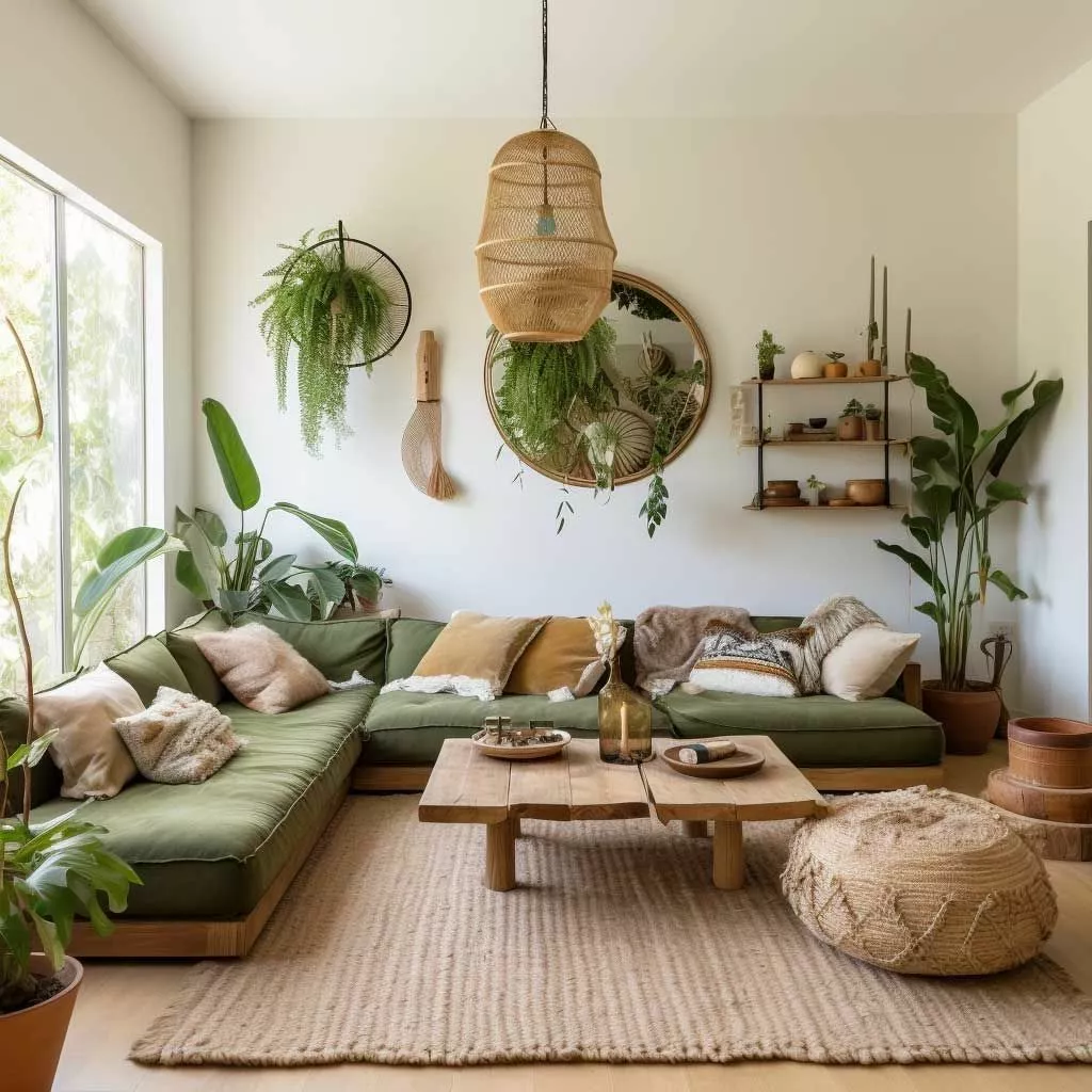 Immerse in the serene vibes of a boho-chic living room filled with lush plants, natural textures, and earthy tones.