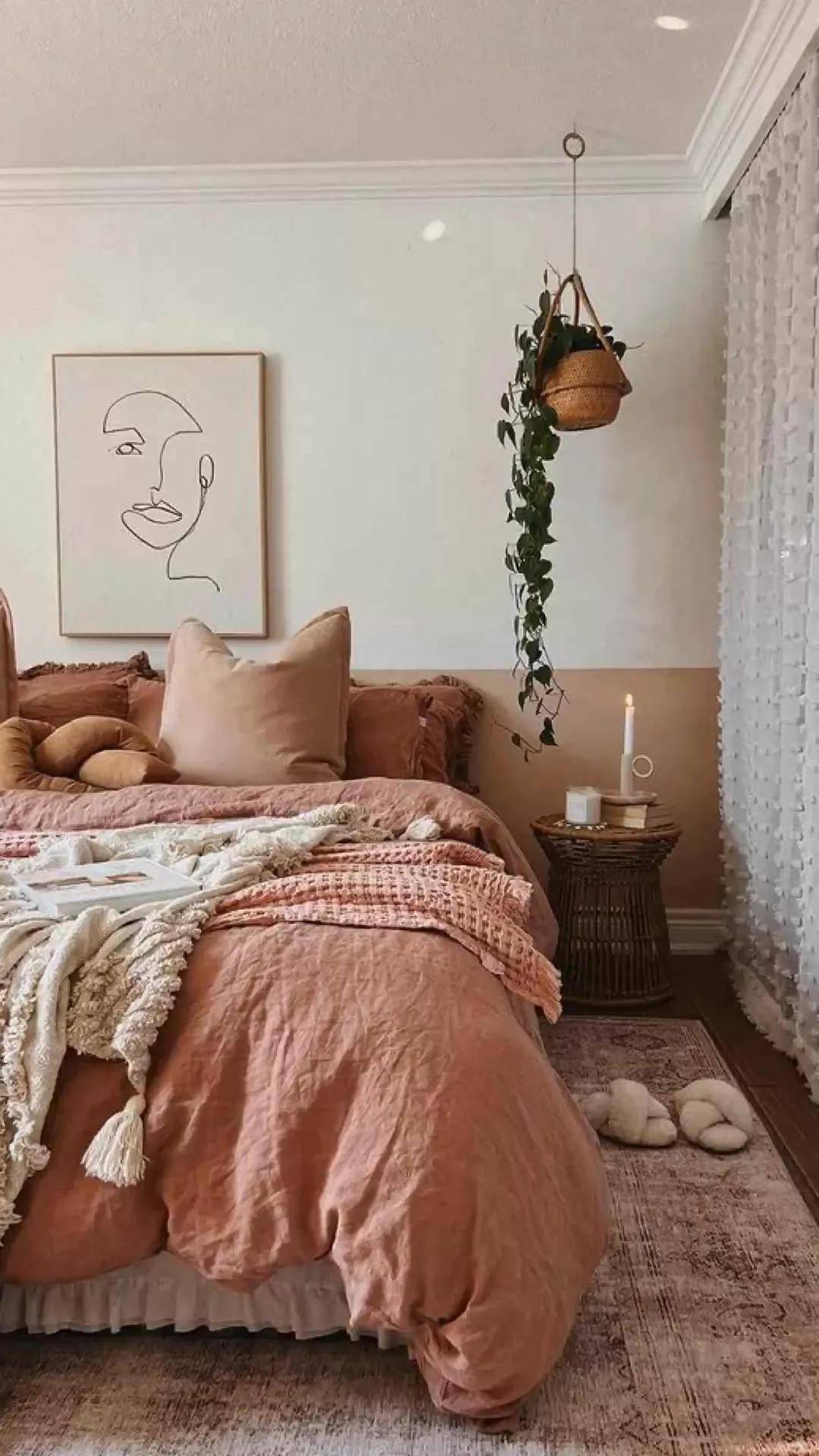 Discover the warm and inviting charm of a terracotta-themed bedroom adorned with earthy textures and minimalist decor.