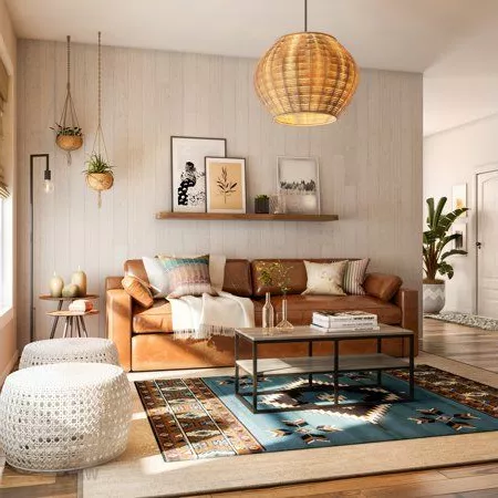 Explore a stunning boho-chic living room with a blend of earthy tones, rustic decor, and a cozy ambiance perfect for relaxation.