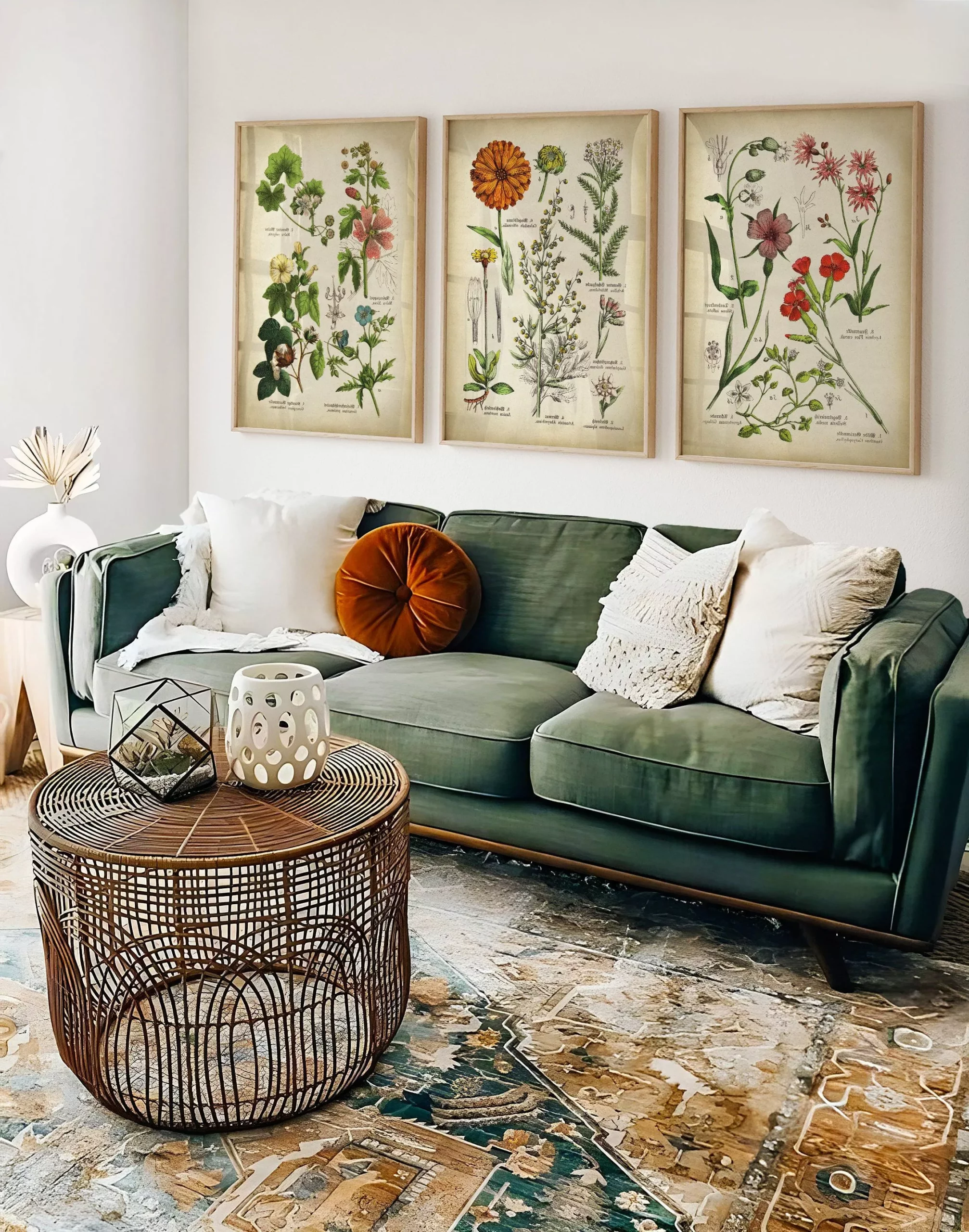 Step into a serene living space featuring a plush green sofa, rustic accents, and stunning botanical wall art that brings nature indoors.