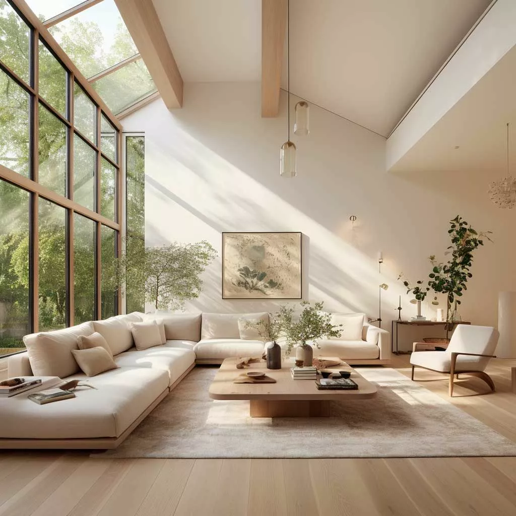 Experience the serene beauty of a minimalist living room filled with natural light, clean lines, and organic touches.