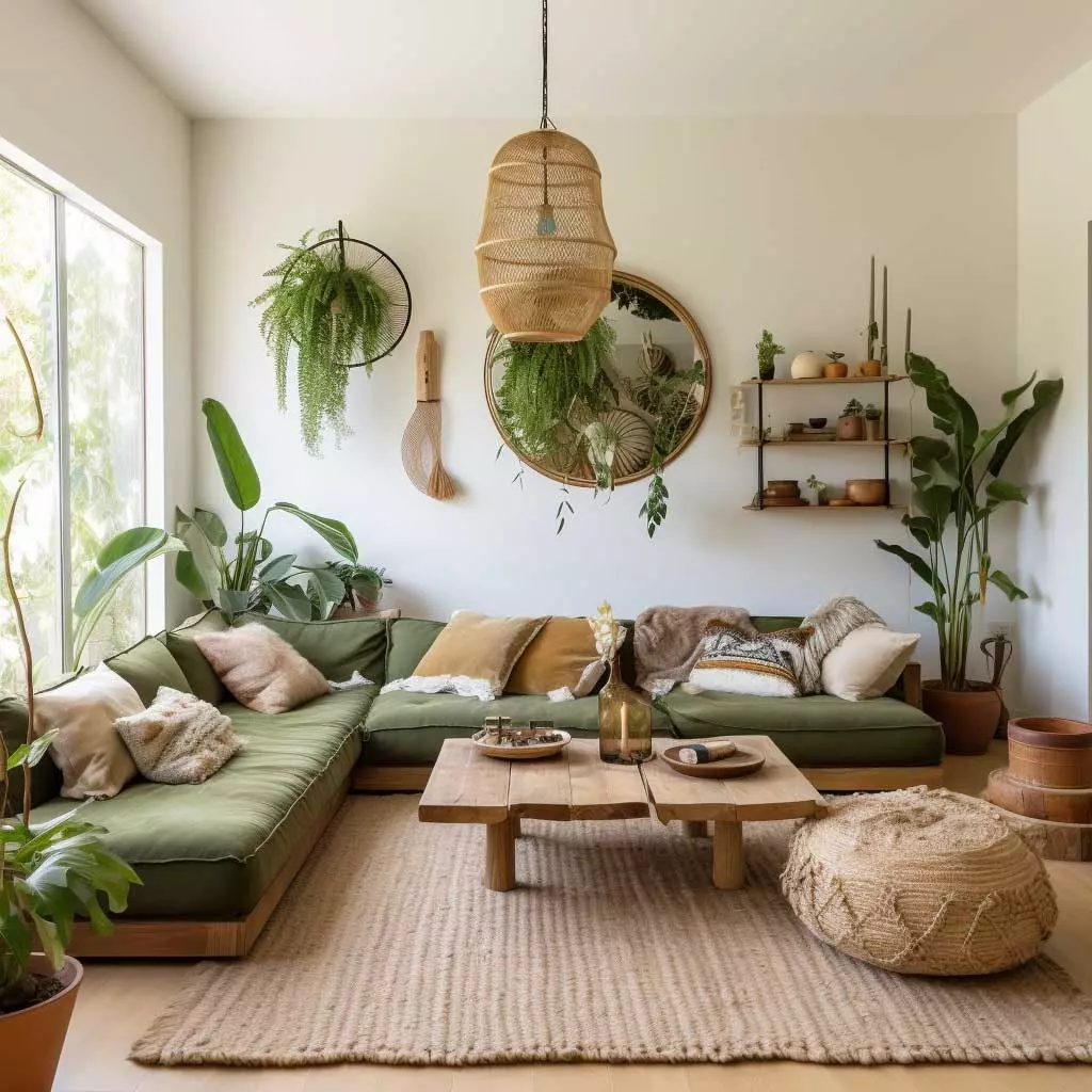 Discover the warm embrace of nature with a living room design that blends greenery, earthy tones, and cozy textures.