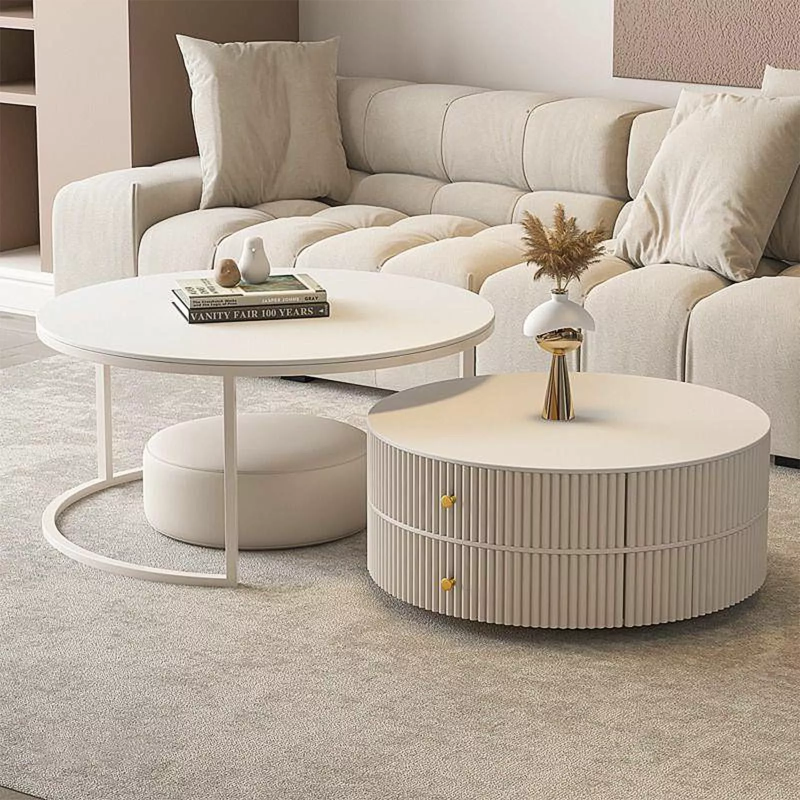 Delve into a chic minimalist living room featuring modern coffee tables, neutral tones, and sleek decor.