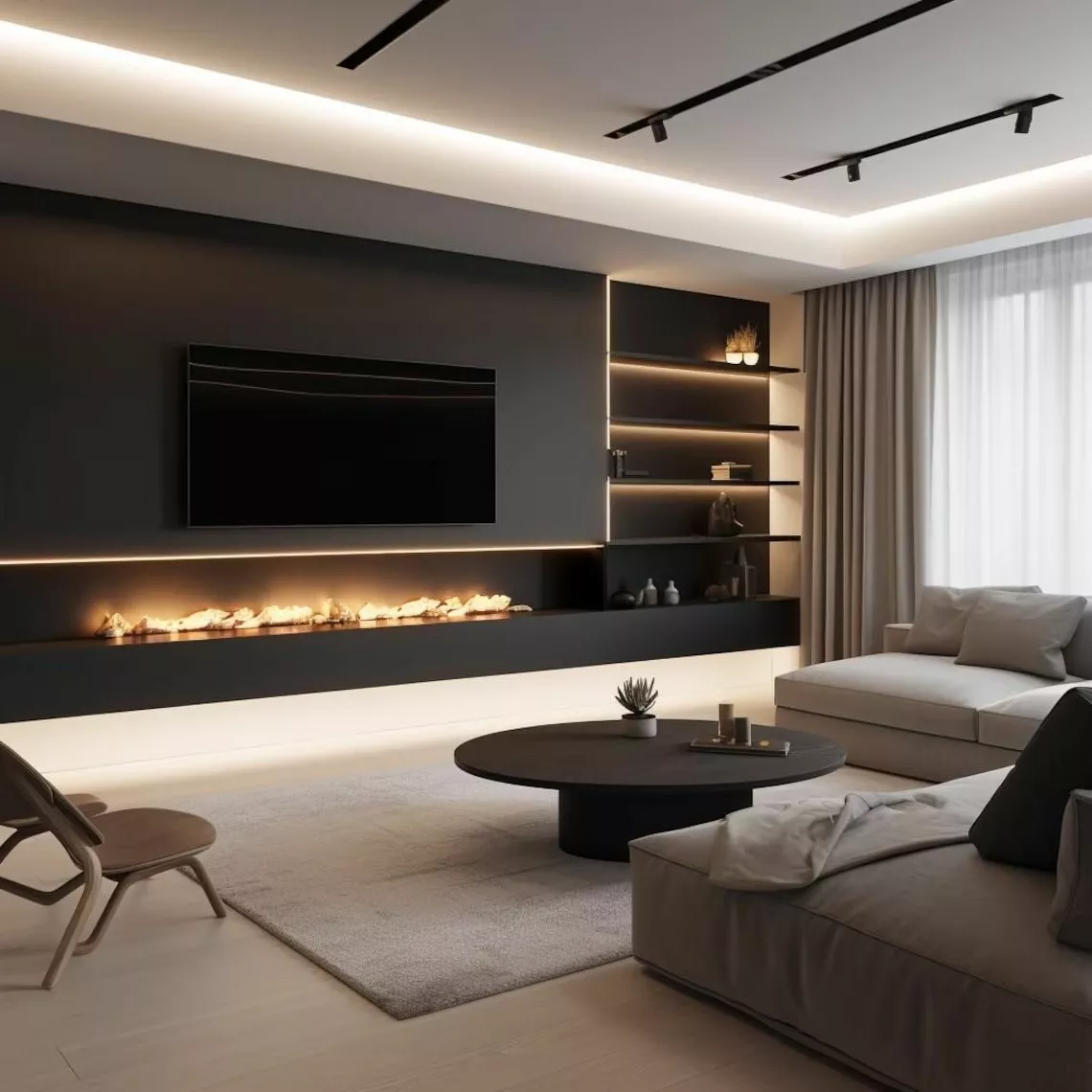 Explore a chic modern living room featuring dramatic lighting, sleek furnishings, and a minimalist fireplace.