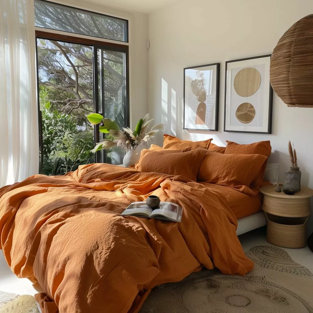 Discover this warm and inviting bedroom that combines rich orange textiles with natural decor, creating a perfect autumn retreat.