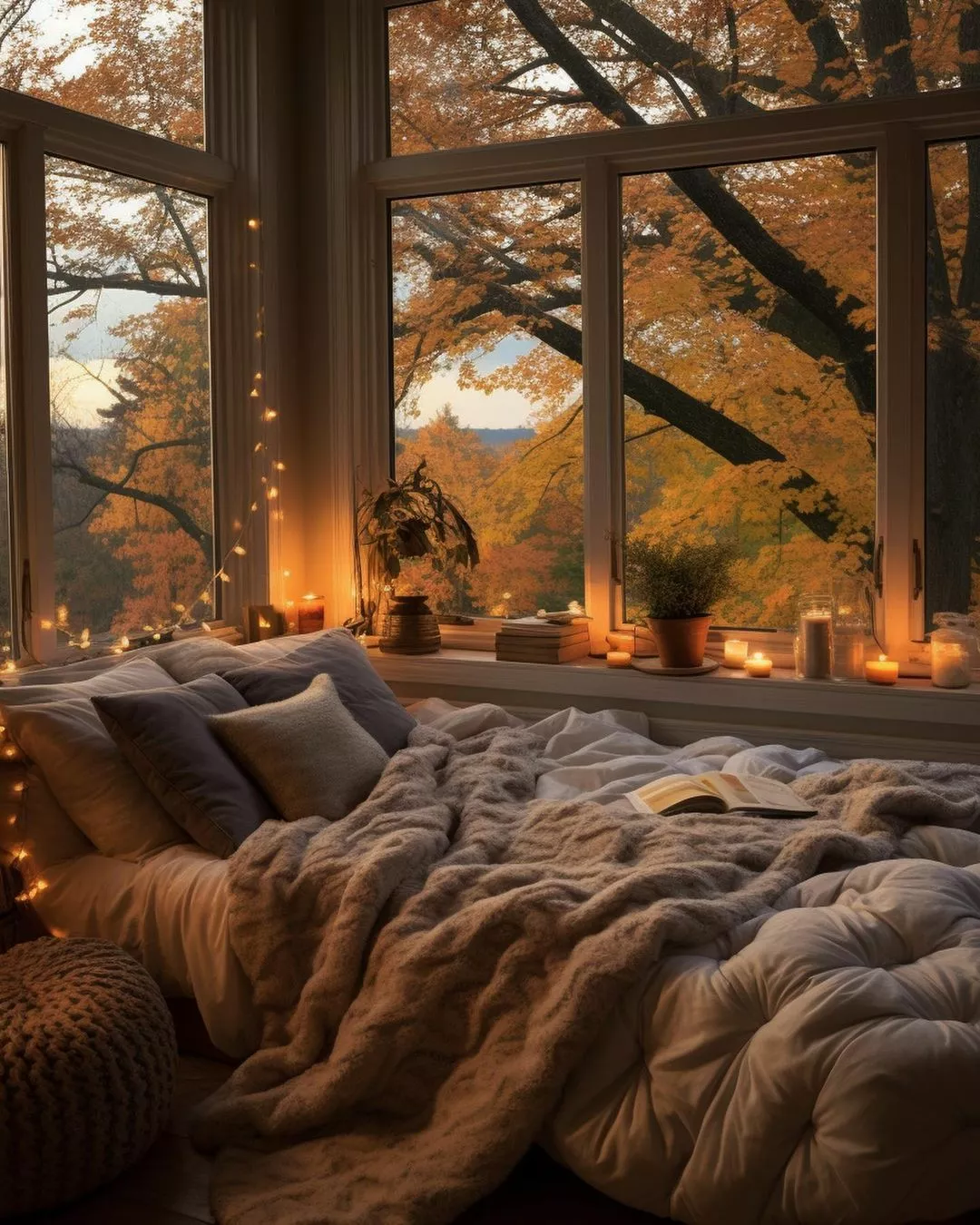 Experience a tranquil autumn haven with plush blankets, glowing candles, and a stunning seasonal view in this serene bedroom setup.