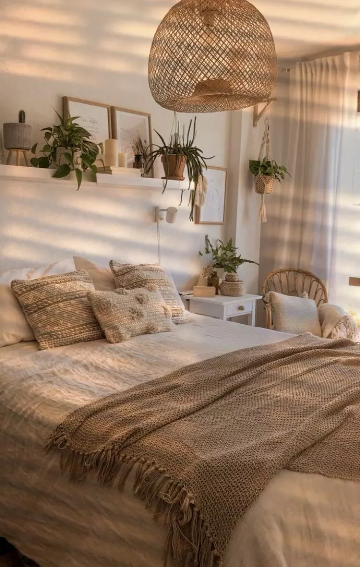 Embrace the cozy aesthetic of a bohemian bedroom infused with natural light, woven textures, and greenery.