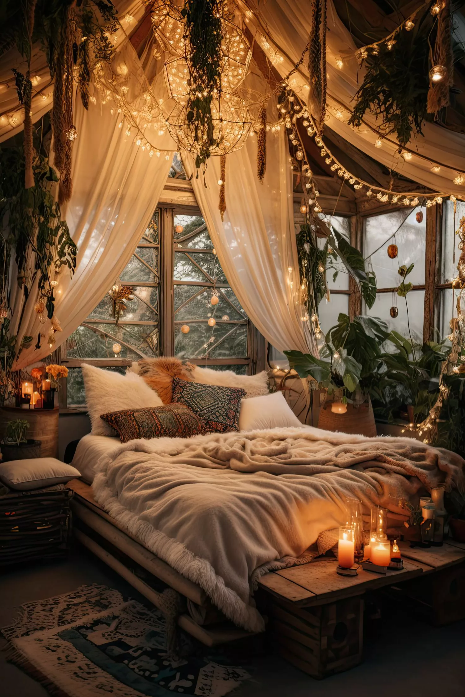 Transform your space into a boho haven with draped fabrics, lush greenery, and warm fairy lights. Perfect for a serene escape.