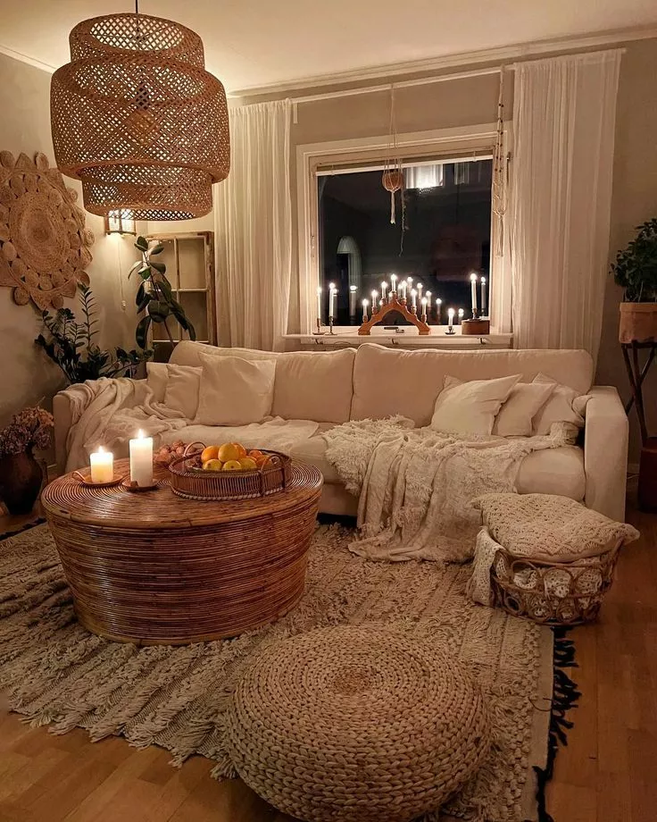 Discover the inviting charm of a Bohemian living room with cozy textures, rattan accents, and ambient candlelight.