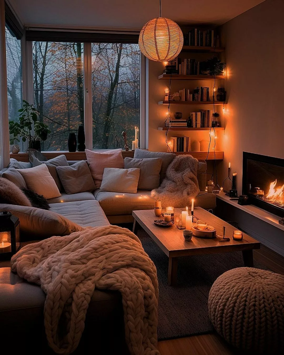 Step into a serene sanctuary with soft lighting, earthy tones, and cozy textures that evoke warmth and tranquility.