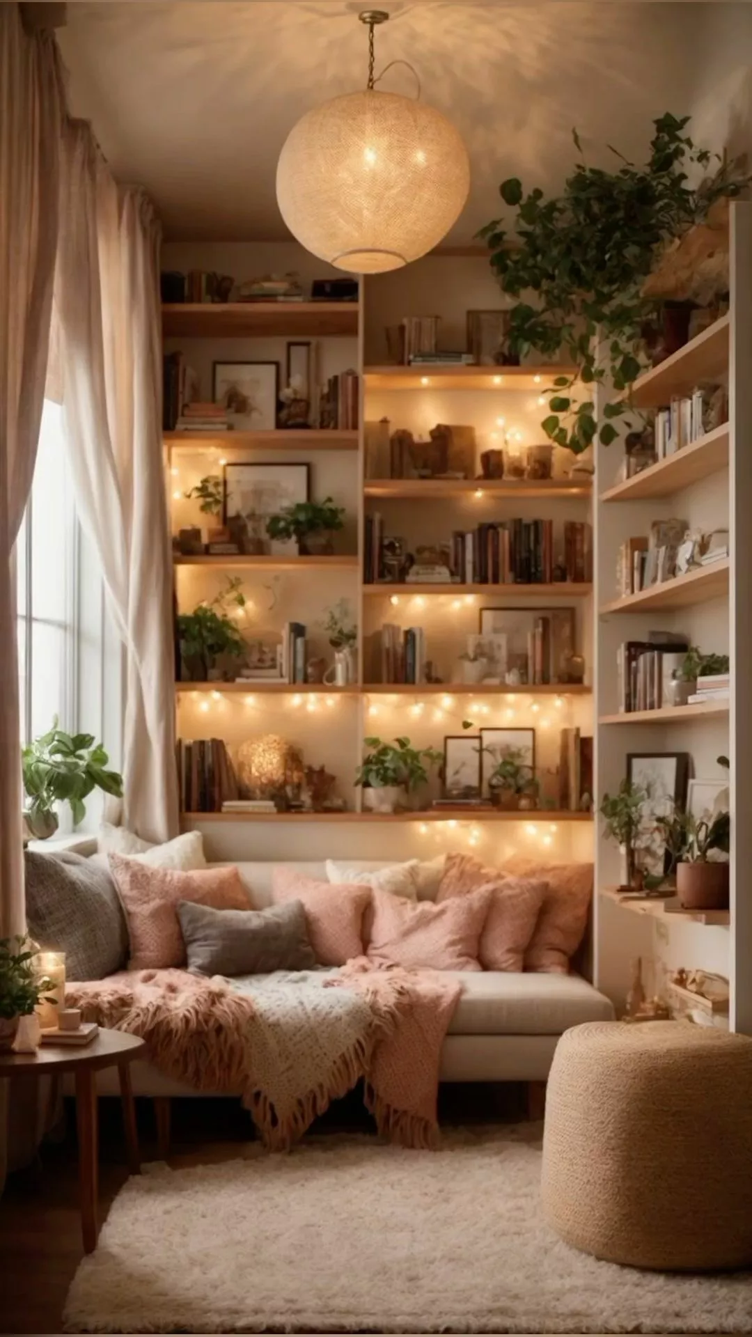 Unwind in this serene home library featuring warm lighting, plush seating, and natural decor. Perfect for relaxation and inspiration.