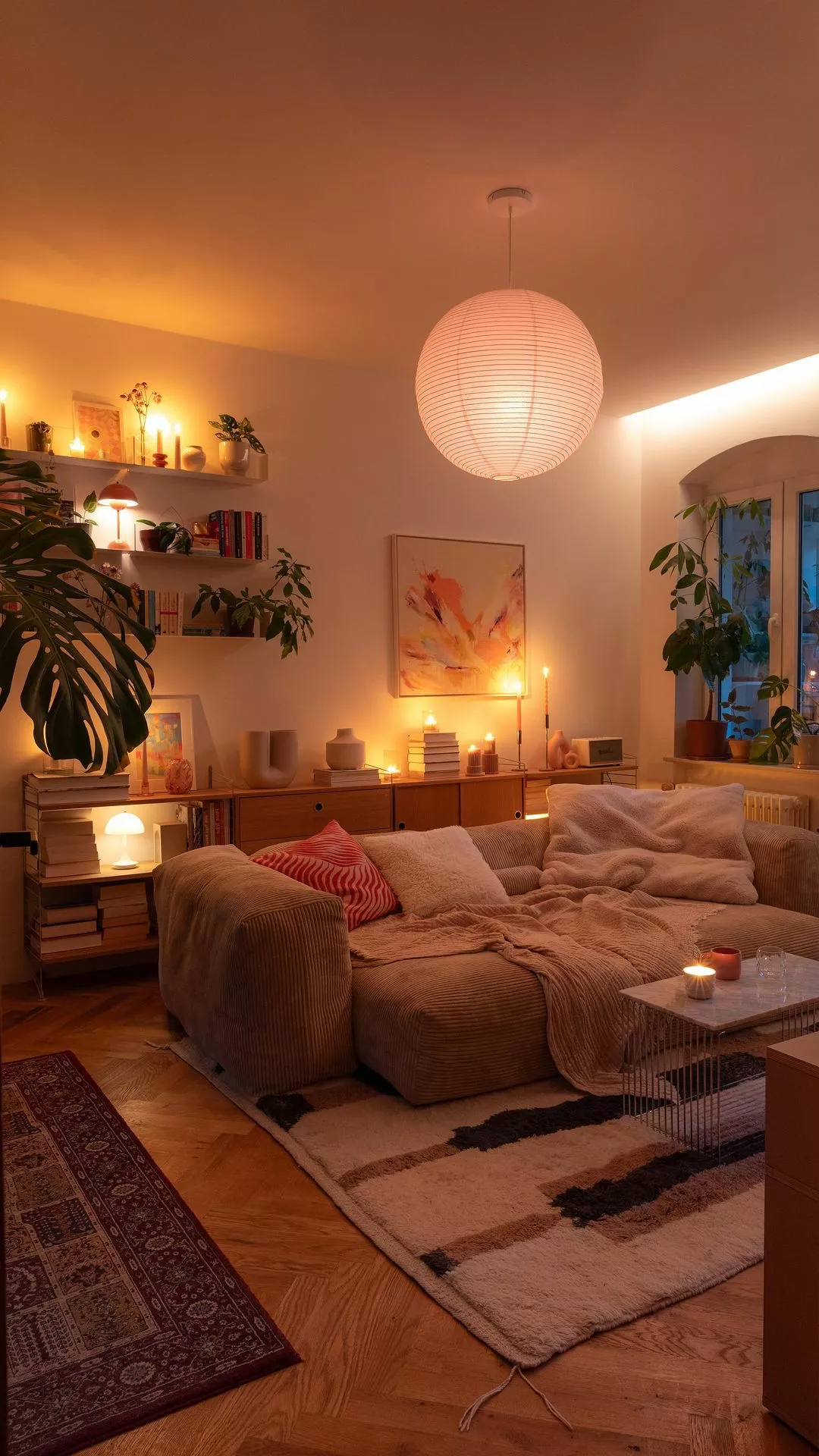 Experience the inviting charm of a warmly lit living room, perfect for cozy evenings and stylish relaxation.