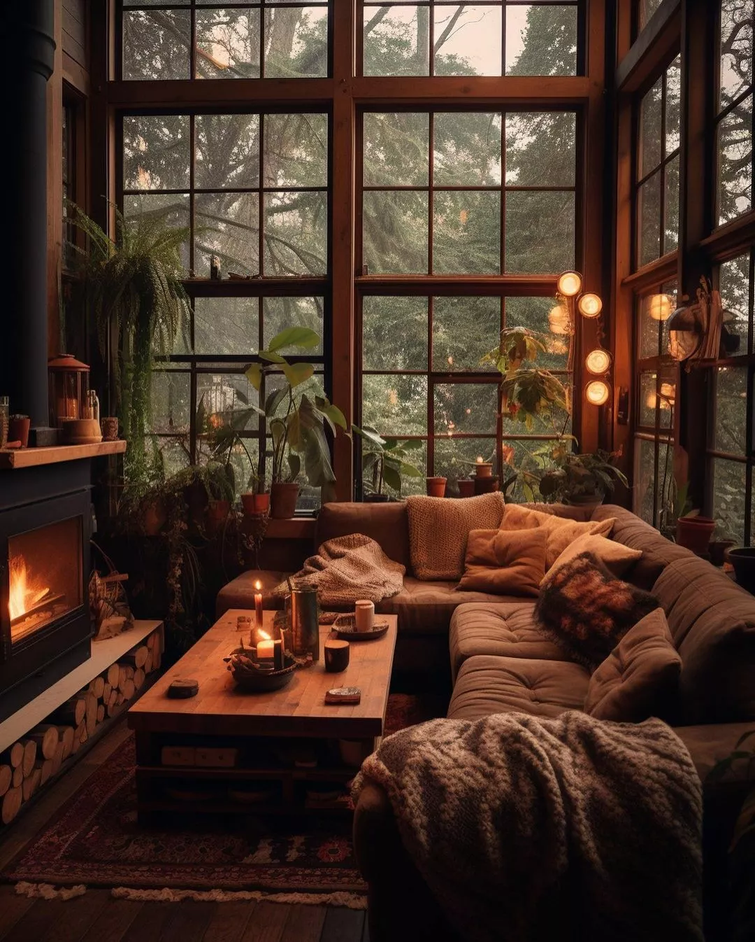 Step into a haven of comfort with a plush sofa, warm lighting, and lush greenery in a forest-inspired retreat.