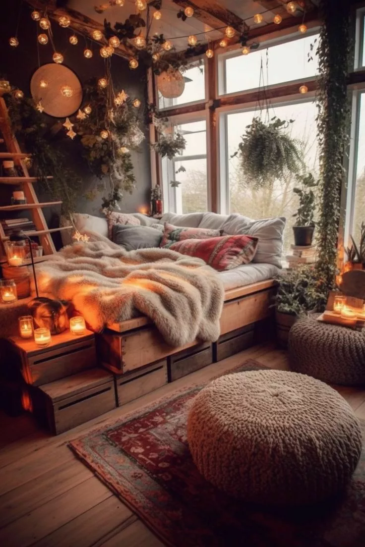 Step into this cozy bohemian retreat adorned with warm lighting, plush textiles, and lush greenery. Perfect for relaxation and inspiration.