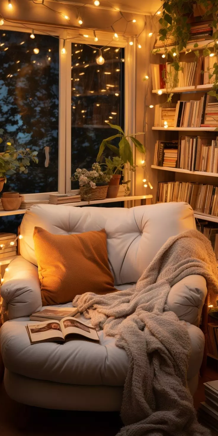 Create your perfect reading nook with plush seating, twinkling lights, and lush green plants.