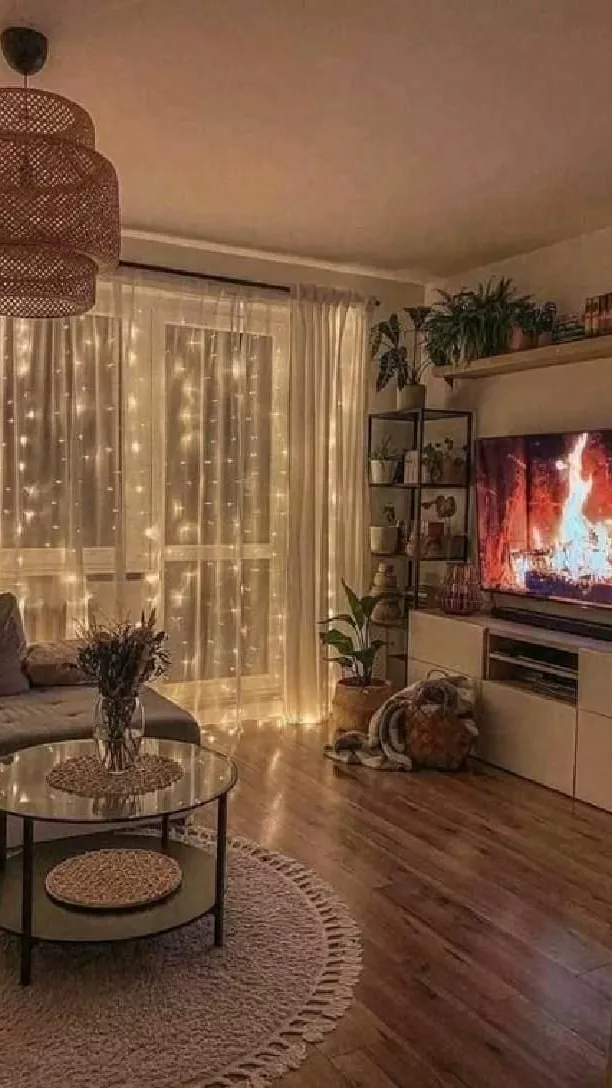 Transform your space into a cozy sanctuary with ambient fairy lights, a comfortable sofa, and rustic decor elements.