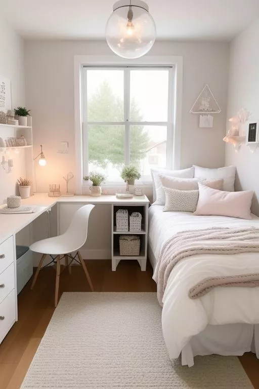 Discover a harmonious blend of comfort and style with this serene minimalist bedroom, featuring soft hues and functional design elements for a peaceful escape.