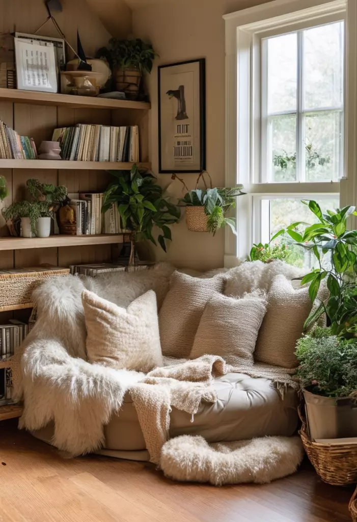 A welcoming corner with fluffy textures, soft beige tones, and a touch of greenery perfect for relaxation.