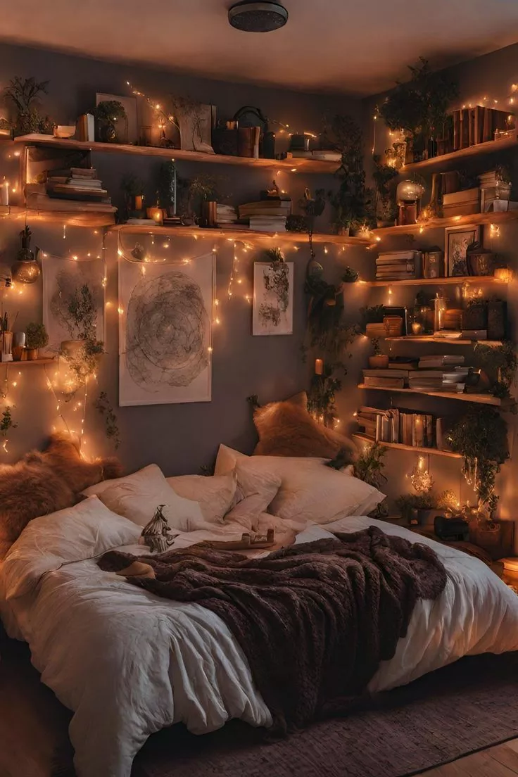 Discover a cozy bedroom adorned with warm string lights, plush pillows, and a treasure trove of books creating a perfect blend of comfort and aesthetics.