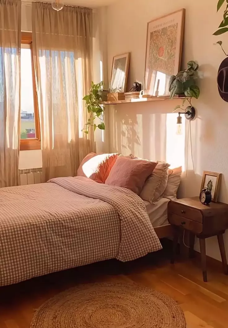 A beautifully lit bedroom showcasing neutral tones, wooden accents, and a touch of greenery.