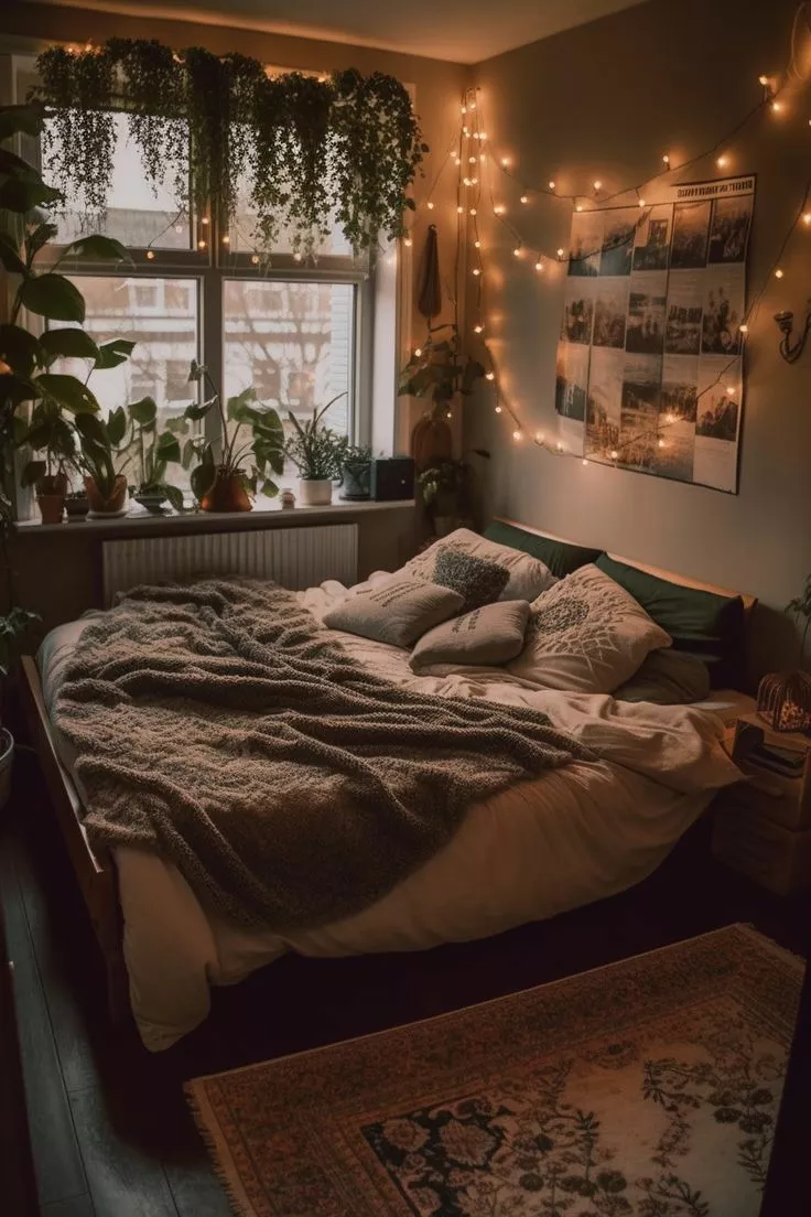 Step into a cozy urban jungle with hanging plants, fairy lights, and soft textures, creating the perfect bedroom retreat.