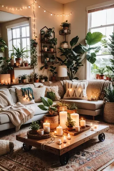 Create a sanctuary with lush greenery, soft lighting, and rustic accents for a peaceful and inviting ambiance.