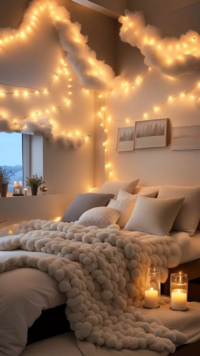 Transform your bedroom into a serene retreat with soft lighting, cozy textures, and cloud-inspired décor.