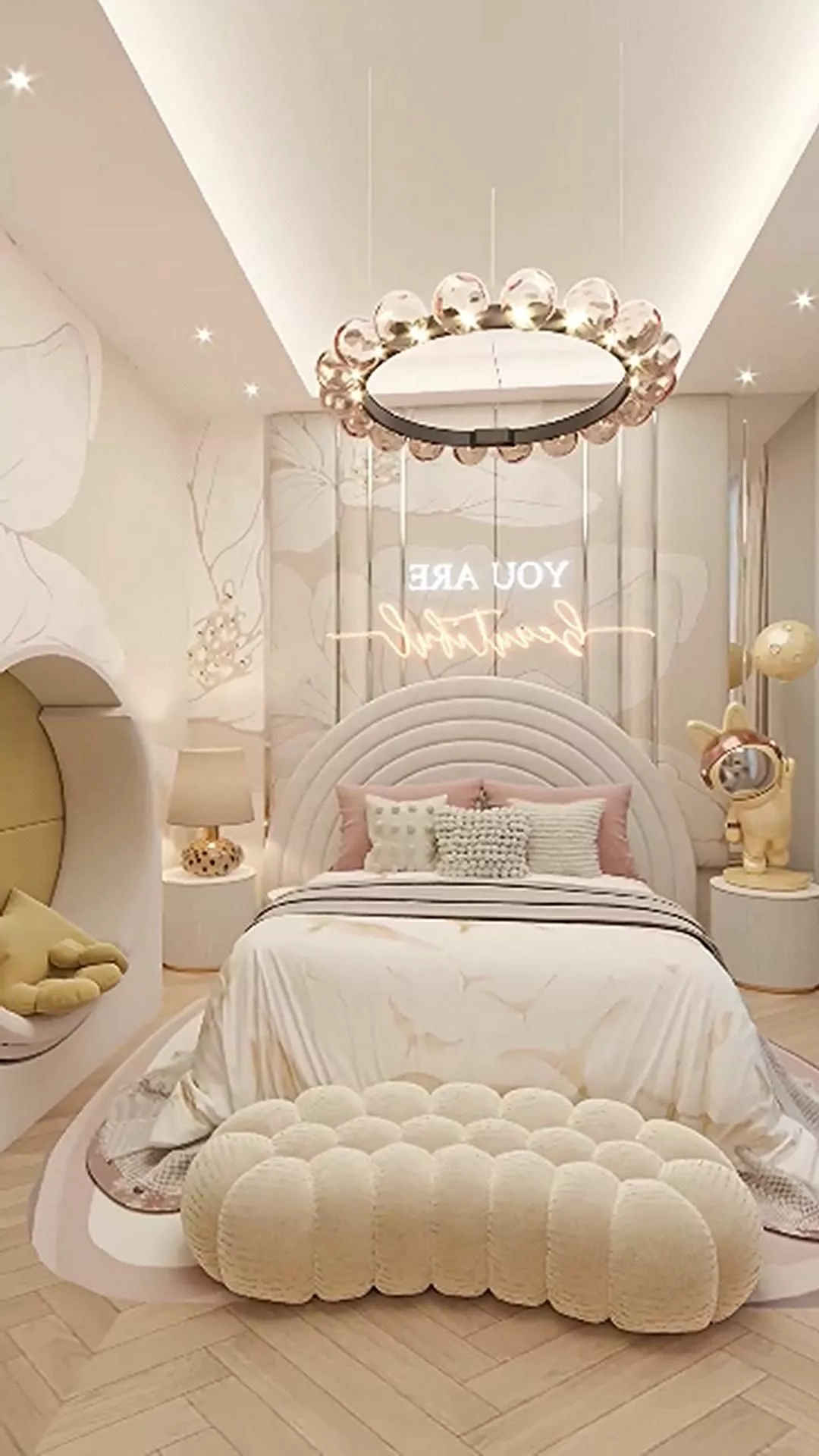 Explore the enchanting design and delicate aesthetic of this pastel-themed kids' bedroom, exuding warmth and elegance.