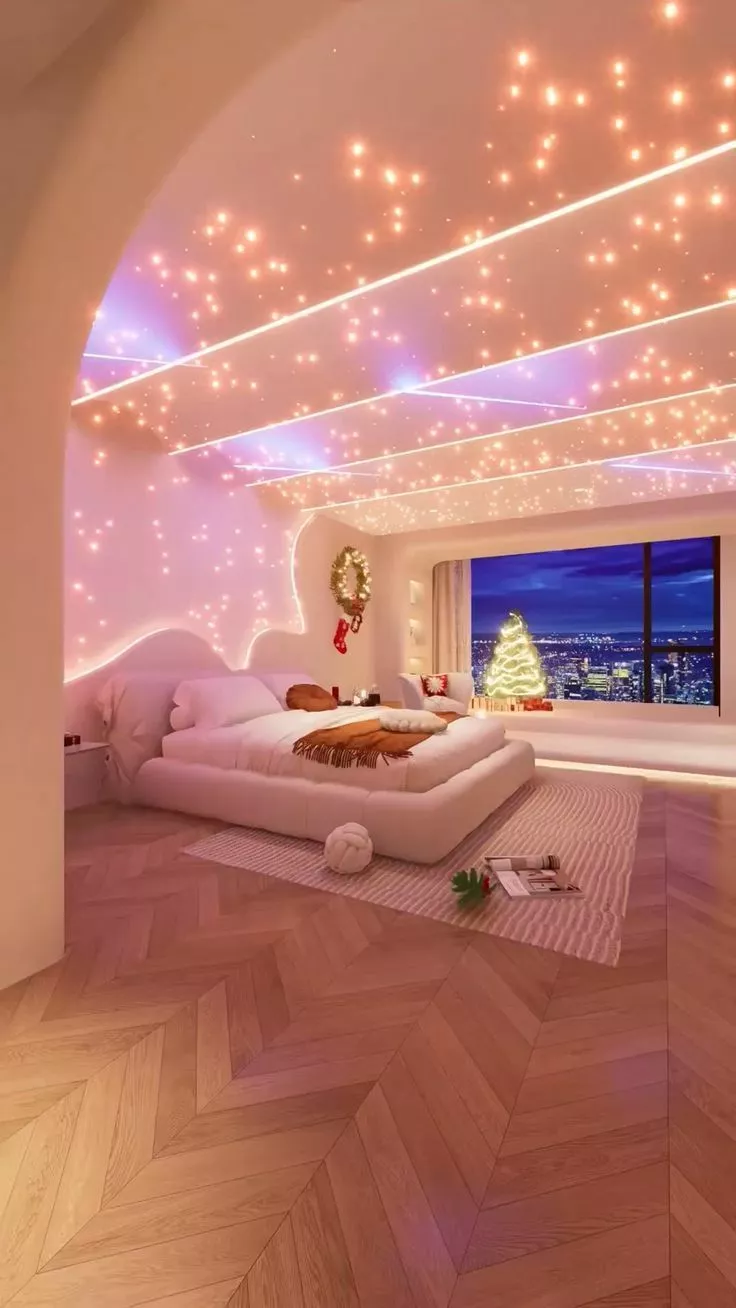 Immerse yourself in a serene, starry escape with this dreamlike bedroom lit by soft, twinkling lights and featuring festive holiday touches.