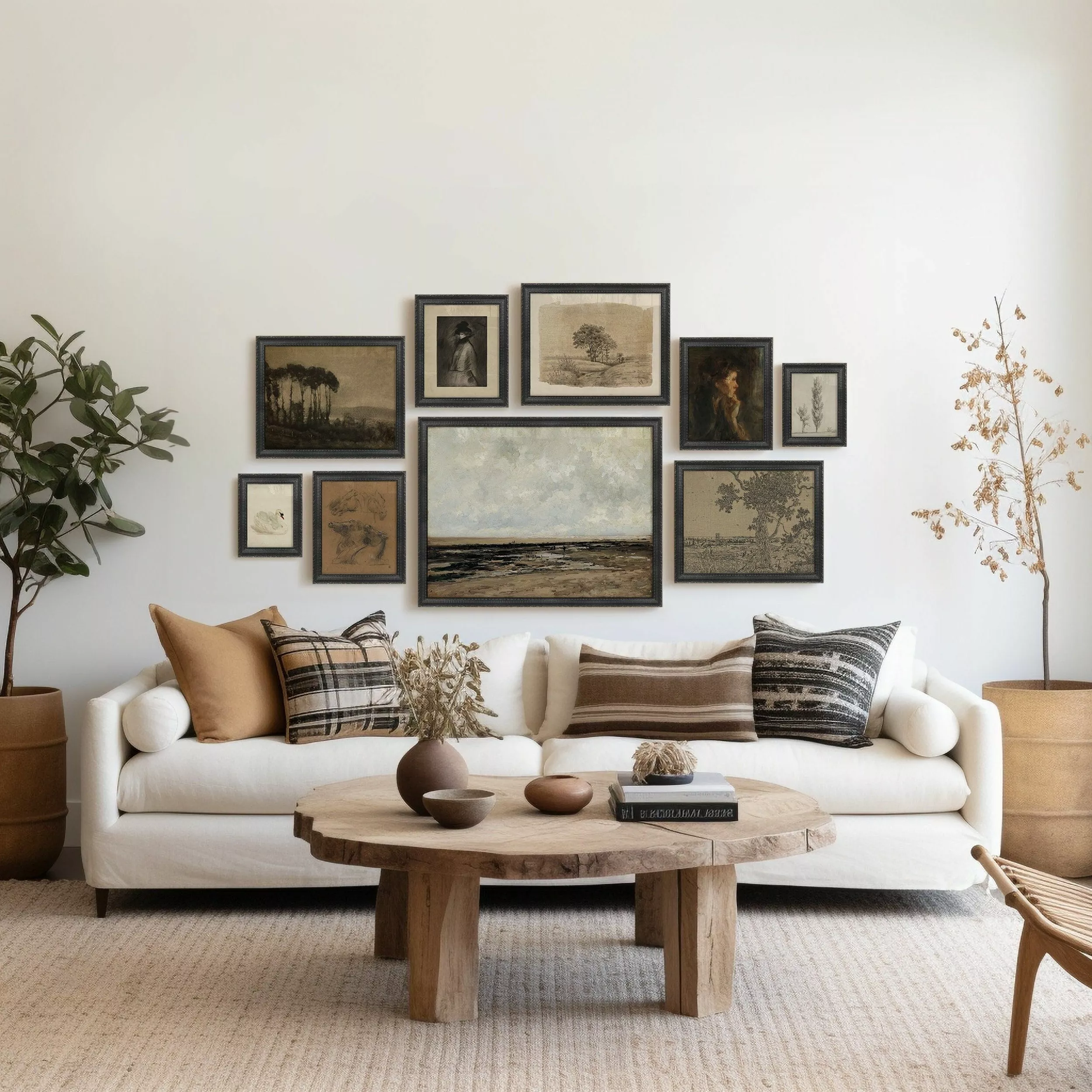 Discover the serene beauty of this living room, featuring warm, earthy tones and artful decorations that invite relaxation and style.