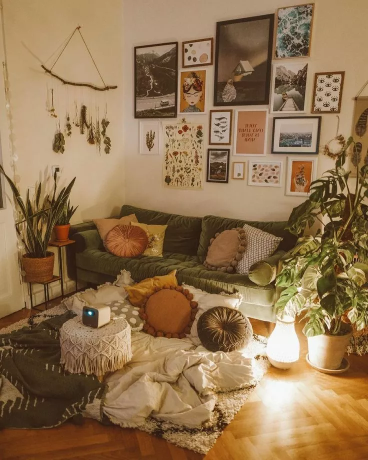 Dive into eclectic comfort with a bohemian style living room that blends vibrant decor, lush greenery, and cozy textures for a lively yet relaxing space.