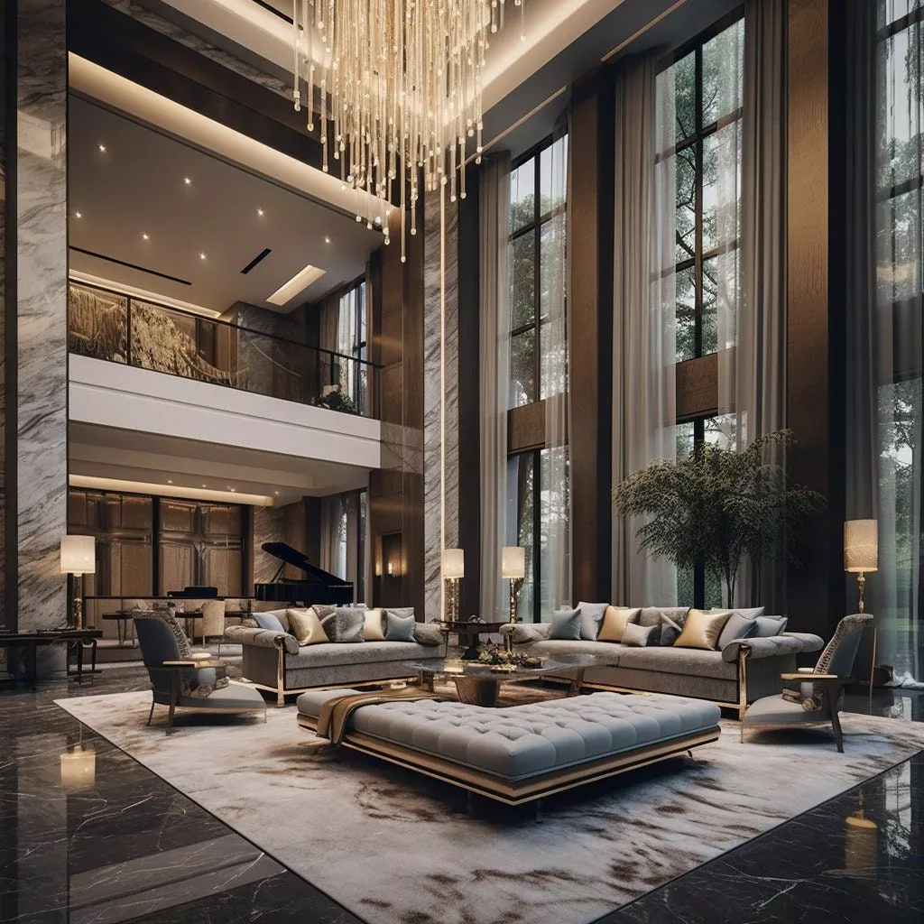 Discover the opulent design of this grand living room featuring plush seating, a stunning chandelier, and floor-to-ceiling windows.