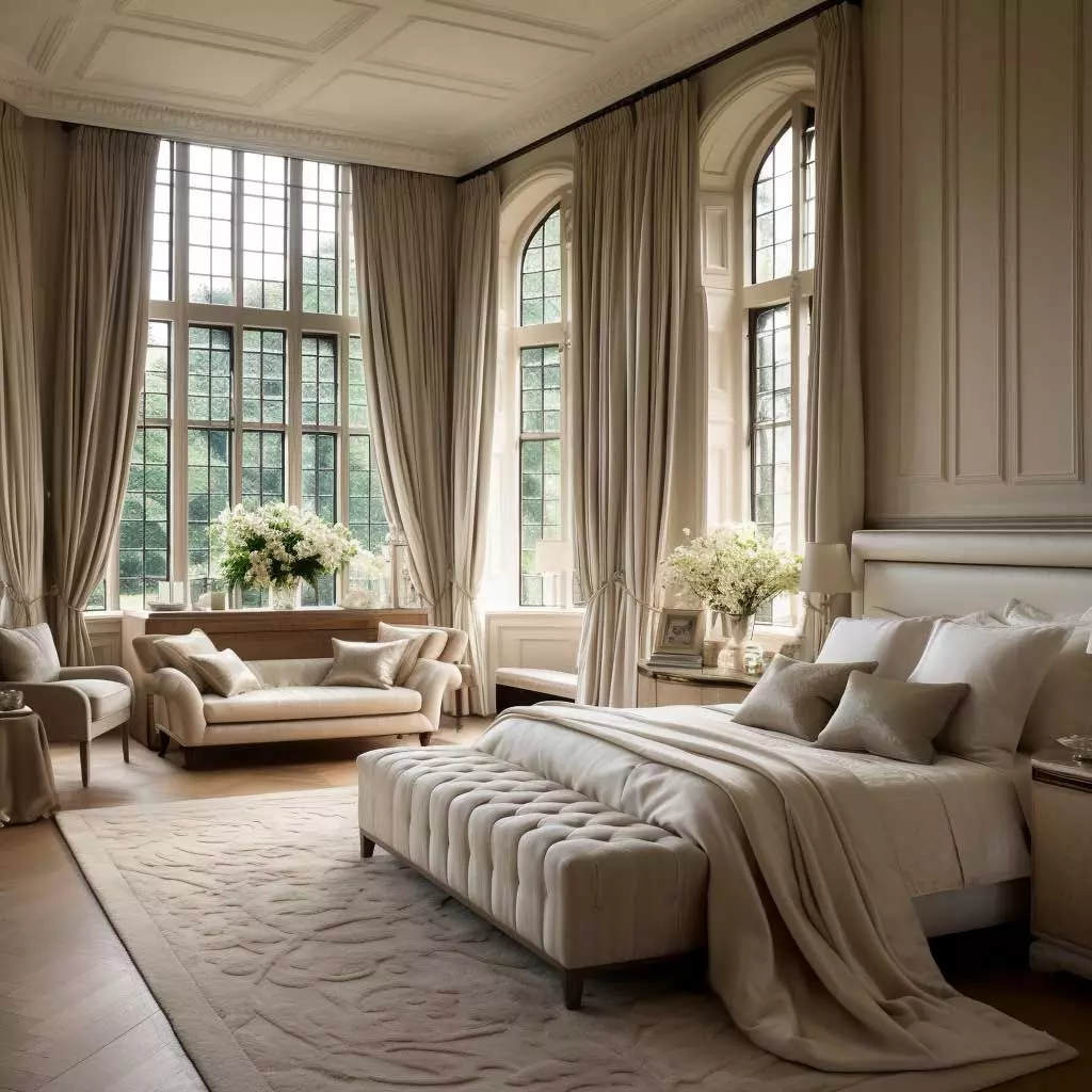 Discover the timeless elegance of this luxurious master bedroom, featuring exquisite detailing and a tranquil color palette for ultimate relaxation.