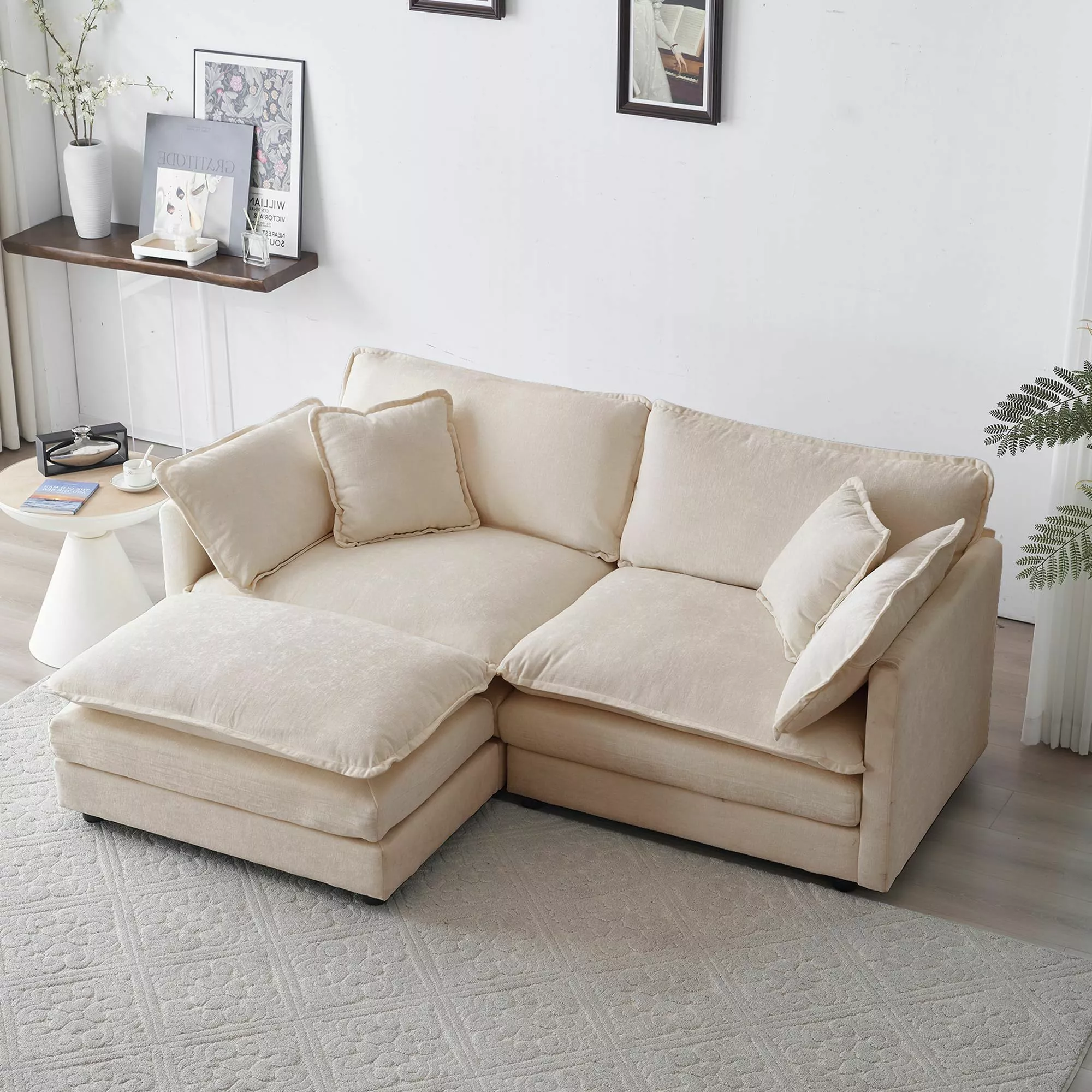 Transform your living space with this chic beige L-shaped sofa. Perfect for adding a touch of sophistication and comfort.