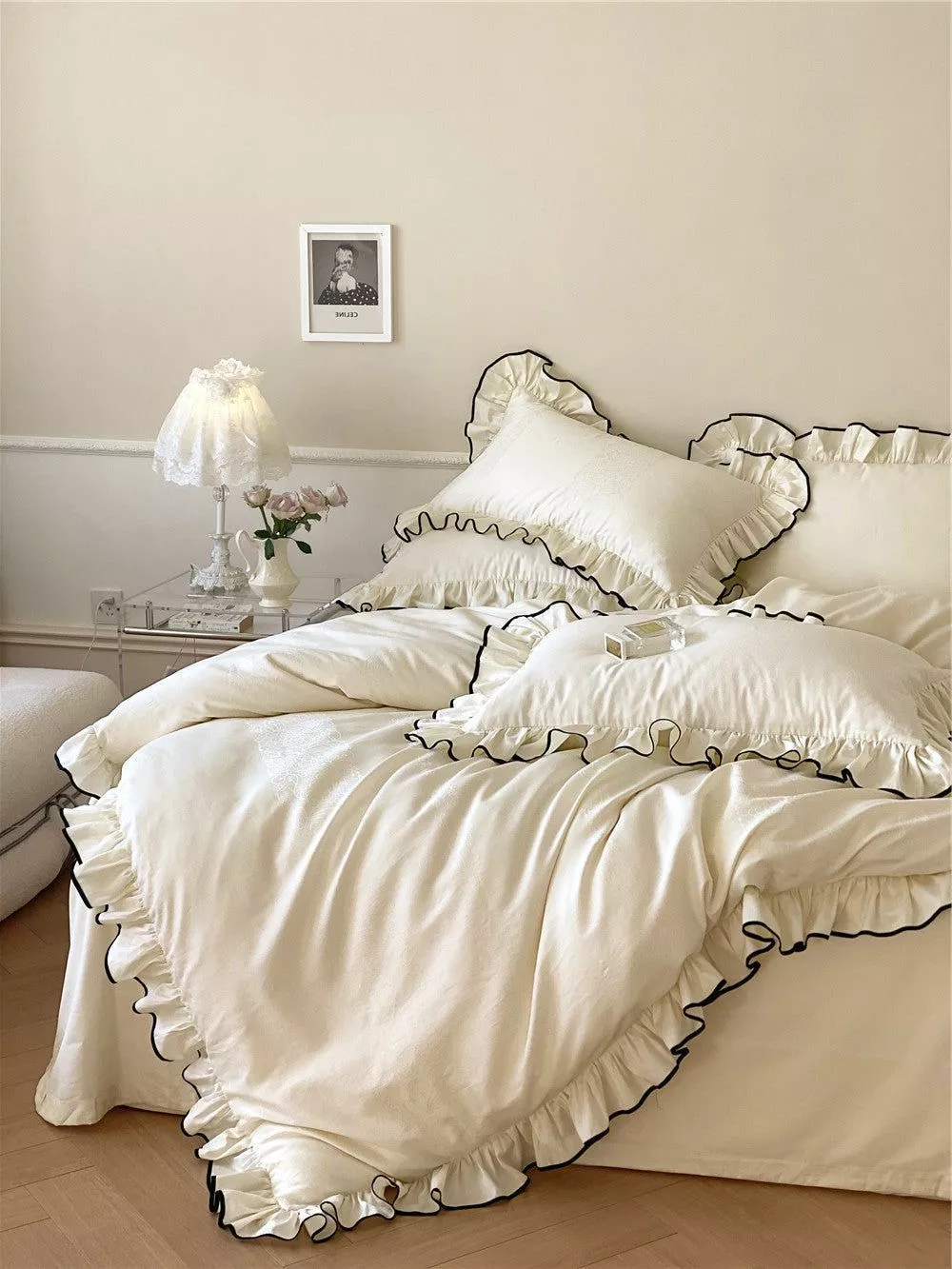 Charming cream bedding with ruffled edges brings elegance and comfort, perfect for a serene bedroom aesthetic.