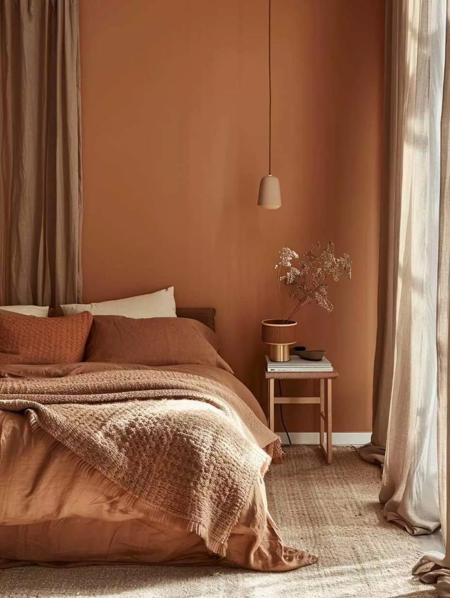 Explore the tranquil beauty of a bedroom adorned in warm earth tones, featuring cozy textiles and calming natural accents.