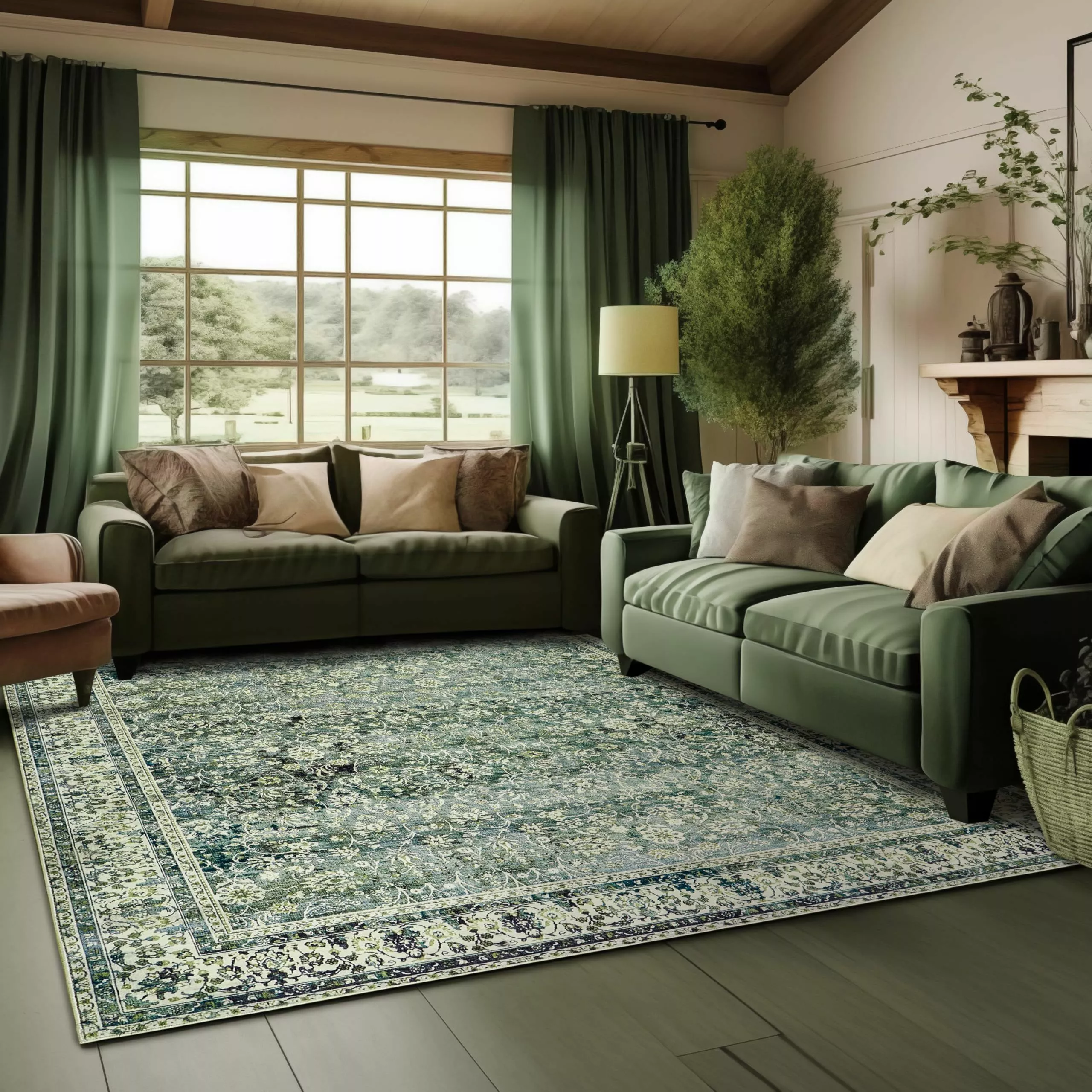 Discover the perfect blend of comfort and style with plush green seating and a vintage rug that elevates any living space.