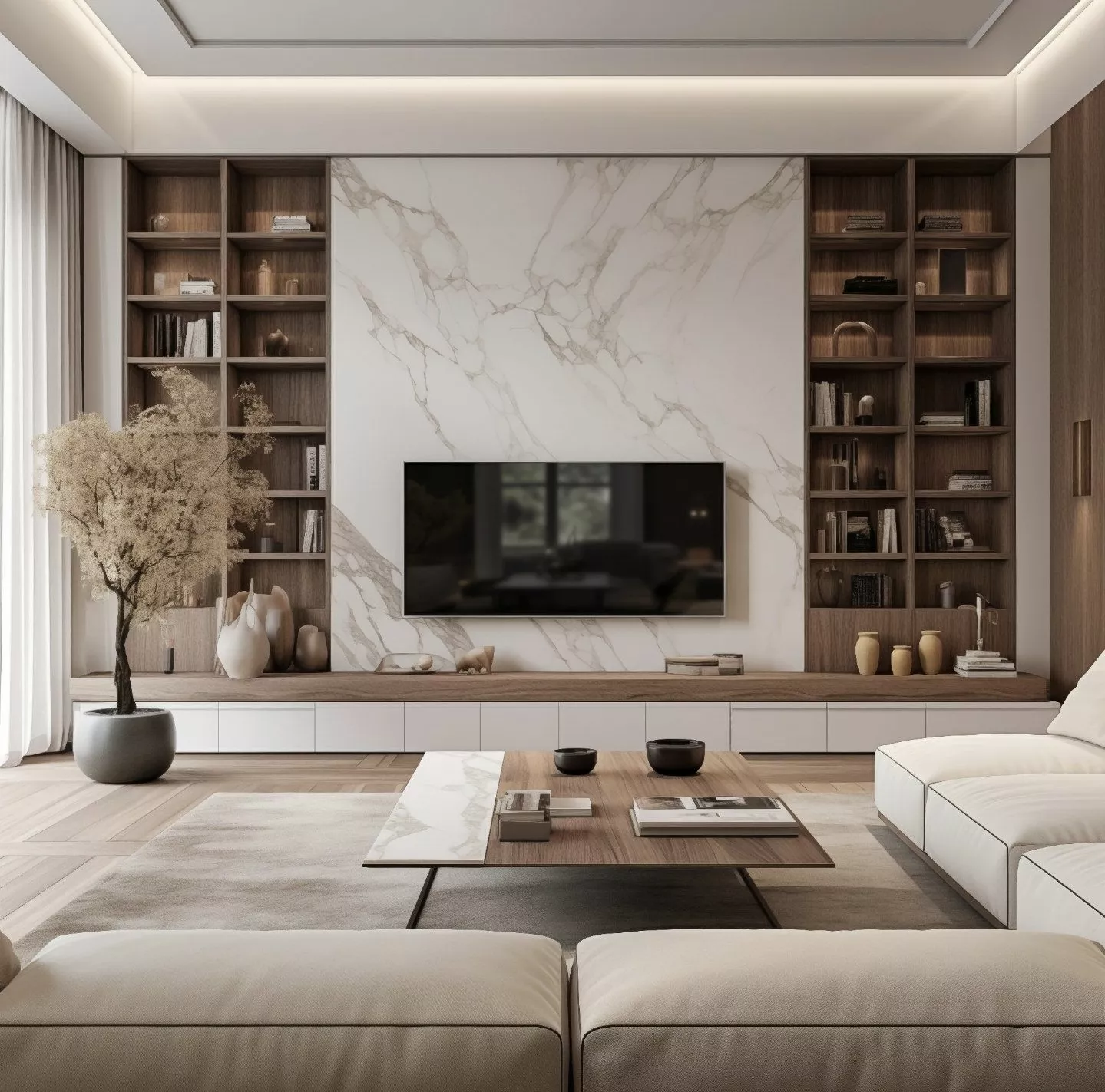 Discover the serene elegance of a marble-accented living room adorned with modern wooden features and natural decor elements.