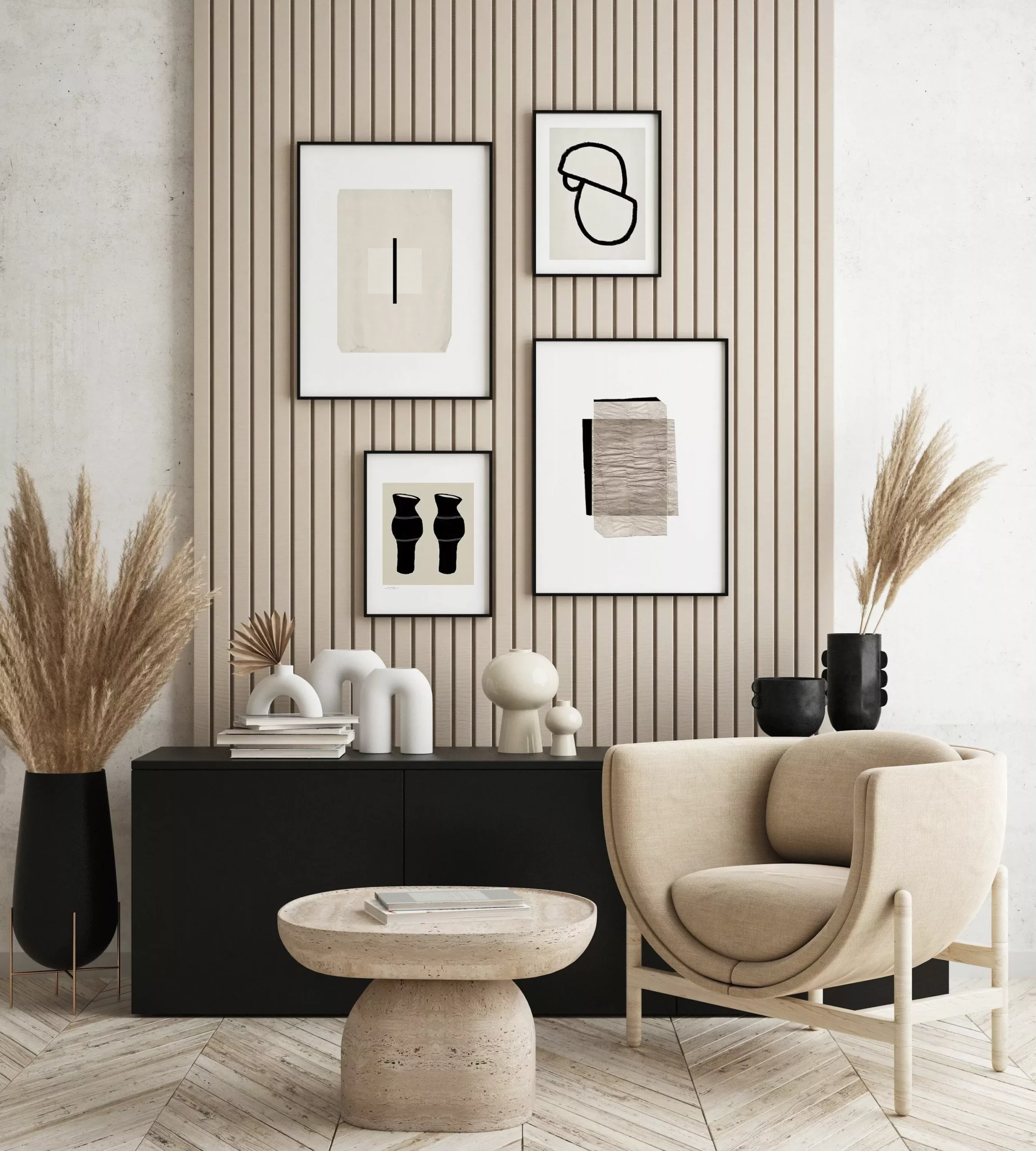 Discover a blend of minimalistic elegance and cozy charm with modern art accents, perfect for sophisticated home décor.