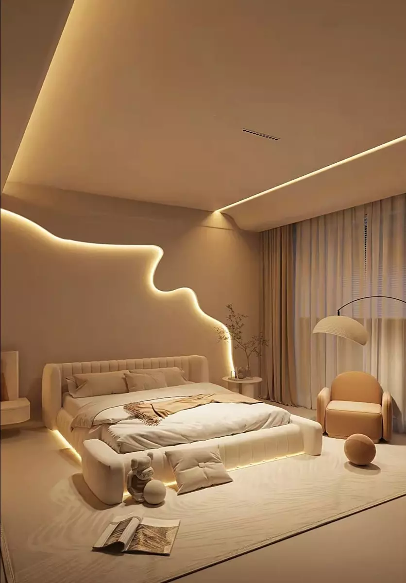 Discover the serene beauty of a modern bedroom with LED lighting, creating a harmonious and calming ambiance.