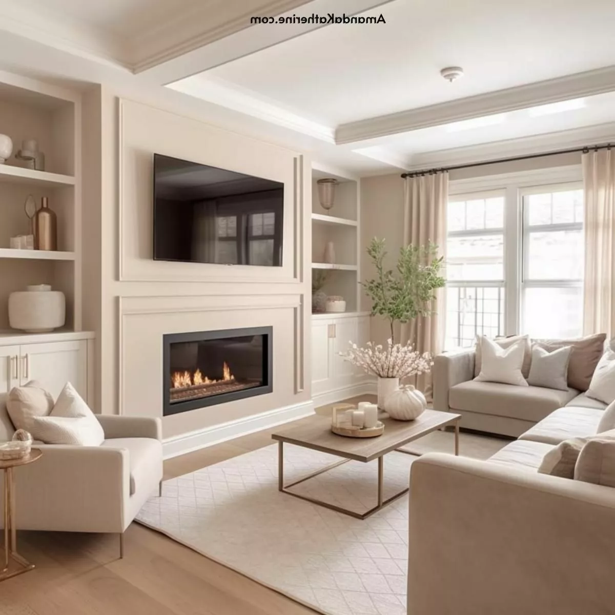 A serene blend of neutral tones and sleek lines create an effortlessly chic living room space in this beautifully designed home decor setting.