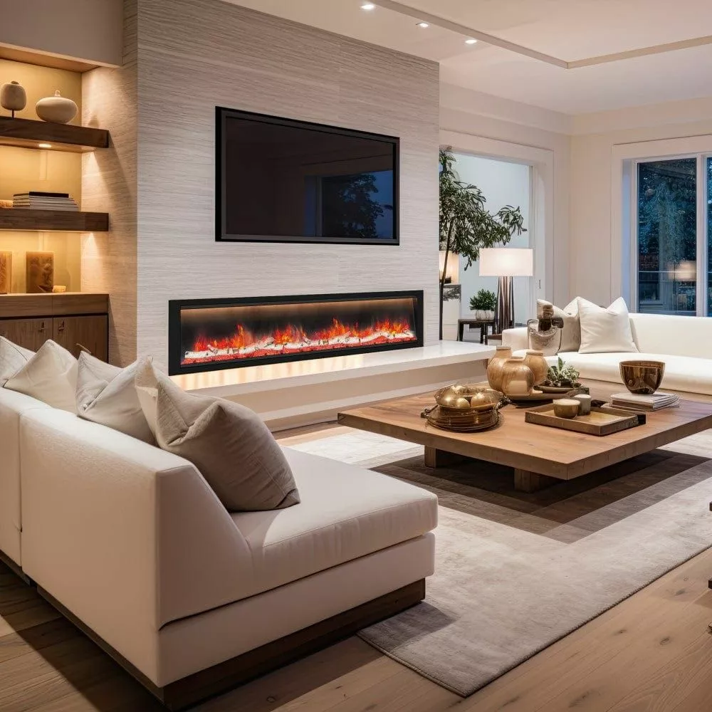 Embrace comfort and style in this elegant minimalist living room, featuring a stunning modern fireplace and cozy seating arrangement.