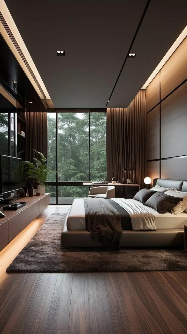 Dive into the tranquility of an elegantly designed bedroom featuring modern furniture, lush greenery, and a serene forest view.